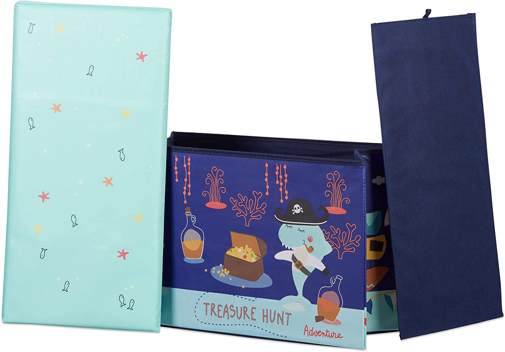 Sitzbox Kinder, Faltbare Aufbewahrungsbox mit Stauraum, Deckel, Motiv, Jungen & Mädchen, 50 Liter, dunkelblau