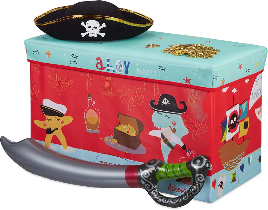 Sitzbox Kinder, Faltbare Aufbewahrungsbox mit Stauraum, Deckel, Piratenmotiv, Jungen & Mädchen, 50 Liter, rot