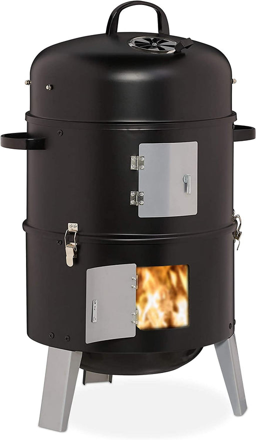 Smoker 3in1, zum Grillen, Räuchern & Garen, Thermometer & Luftabzug, BBQ Räuchertonne: ∅ 40 cm, Stahl, schwarz