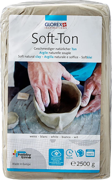 Soft Ton weiß 2500 g, natürlicher, besonders weicher und geschmeidiger Ton, lufthärtend und für Brennofen geeignet, sehr gut für Kinder geeignet