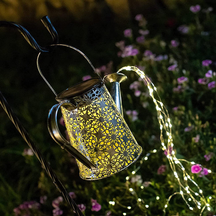 Solar Gießkanne mit Lichterkette Solarlampen für Außen Gießkanne Art LED-Licht mit Schäferhaken, Gartendeko Solar Lichterketten Aussen mit IP67