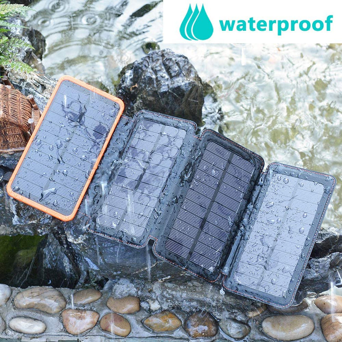 Solar Powerbank 25000mAh Tragbare Solar Ladegerät mit 4 Solarpanels, Outdoor wasserfester externer Akku mit 2 USB Ports für Smartphones, Tablets und mehr