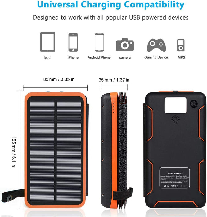 Solar Powerbank 25000mAh Tragbare Solar Ladegerät mit 4 Solarpanels, Outdoor wasserfester externer Akku mit 2 USB Ports für Smartphones, Tablets und mehr