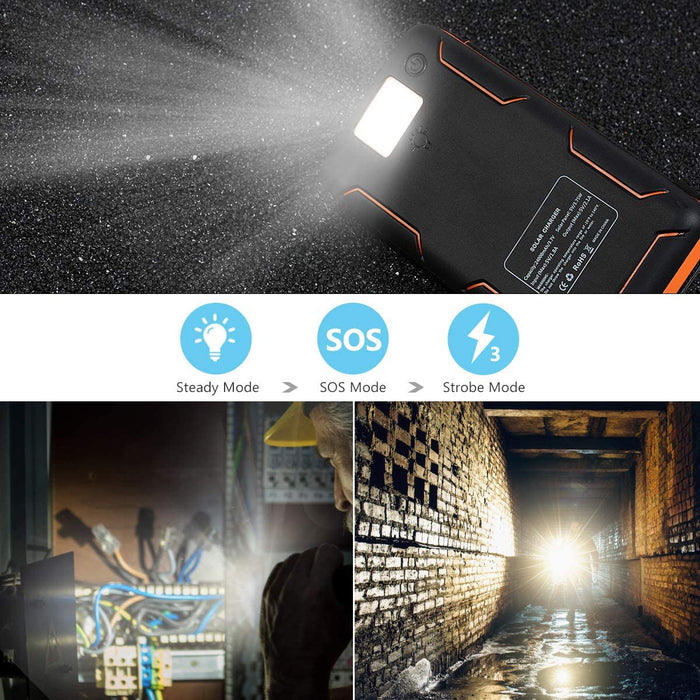 Solar Powerbank 25000mAh Tragbare Solar Ladegerät mit 4 Solarpanels, Outdoor wasserfester externer Akku mit 2 USB Ports für Smartphones, Tablets und mehr