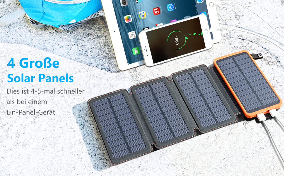 Solar Powerbank 25000mAh Tragbare Solar Ladegerät mit 4 Solarpanels, Outdoor wasserfester externer Akku mit 2 USB Ports für Smartphones, Tablets und mehr