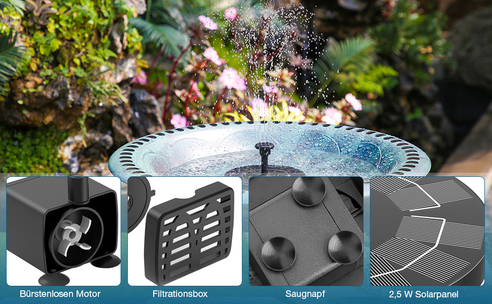 Solar Springbrunnen 2022 Upgrade, AISITIN 2.5W 160mm Solarbrunnen Solar Teichpumpe Outdoor Wasserpumpe Solar Schwimmender Fontäne Pumpe