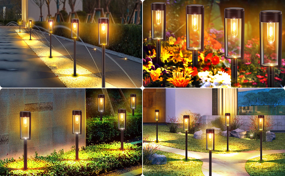 Solarlampen für Außen Garten, 4 Stück Solarleuchten Garten mit Warmweiß Wolfram Licht, IP65 Wasserdicht Solar Gartenleuchten Gartendeko Rasen Gehweg