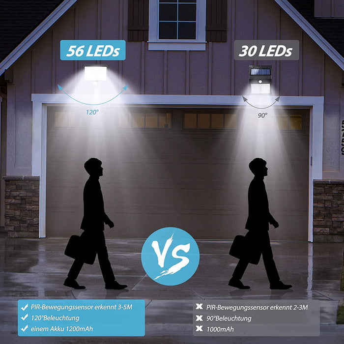 Solarlampen für Außen mit Bewegungsmelder, Solar Aussenleuchte mit 3 Modi und Schalter, 56 LED Solarleuchten mit 5 m Kabel, 120° Beleuchtungswinkel