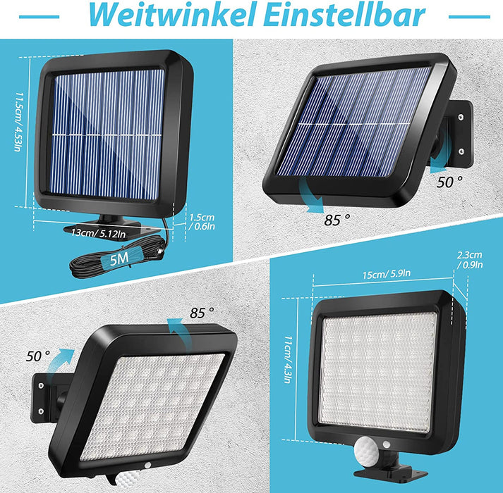 Solarlampen für Außen mit Bewegungsmelder, Solar Aussenleuchte mit 3 Modi und Schalter, 56 LED Solarleuchten mit 5 m Kabel, 120° Beleuchtungswinkel