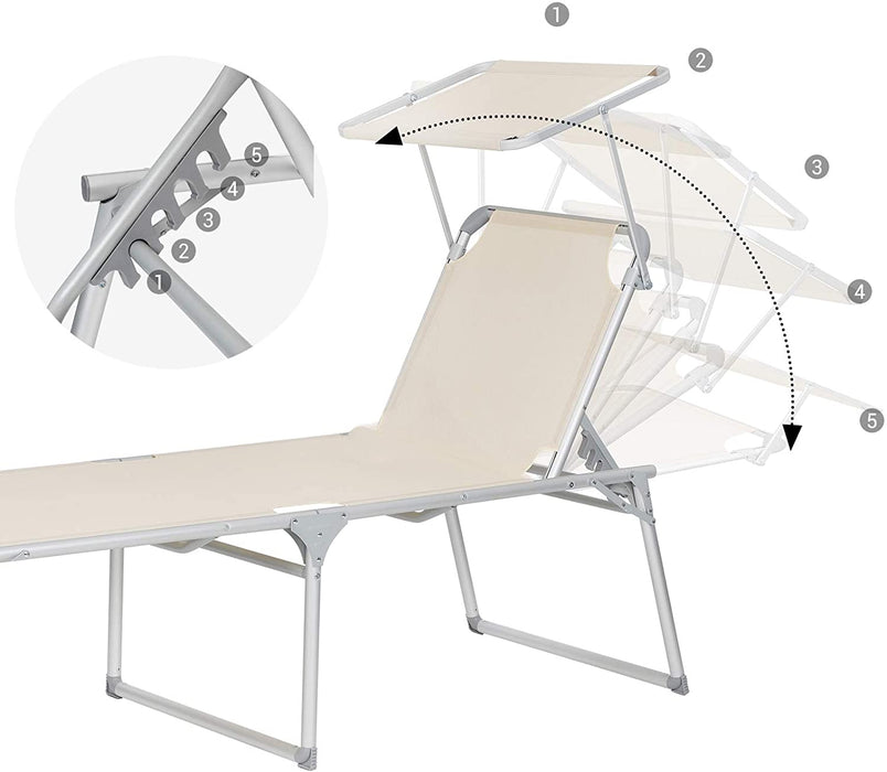 Sonnenliege, Liegestuhl, Gartenliege, extra groß, 65 x 200 x 48 cm, bis 150 kg belastbar, mit Sonnendach, Rückenlehne verstellbar, klappbar, Garten