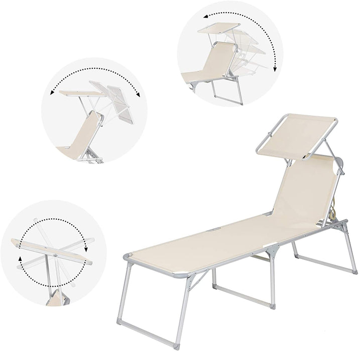 Sonnenliege, Liegestuhl, Gartenliege, extra groß, 65 x 200 x 48 cm, bis 150 kg belastbar, mit Sonnendach, Rückenlehne verstellbar, klappbar, Garten