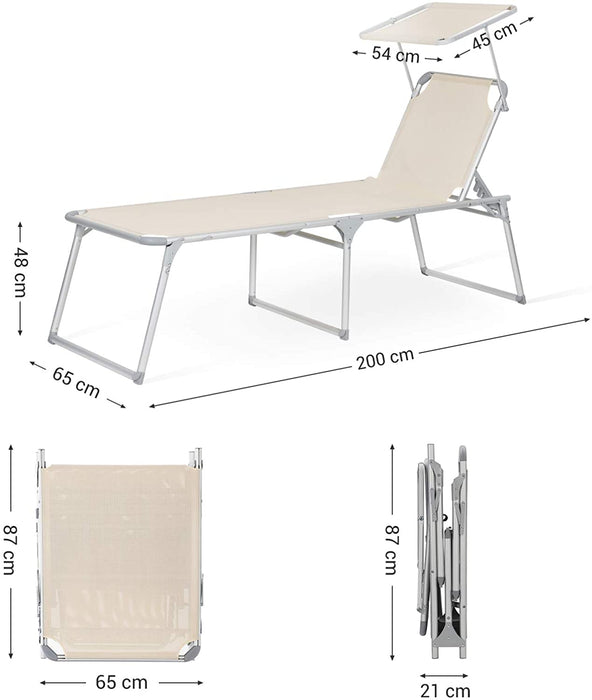 Sonnenliege, Liegestuhl, Gartenliege, extra groß, 65 x 200 x 48 cm, bis 150 kg belastbar, mit Sonnendach, Rückenlehne verstellbar, klappbar, Garten