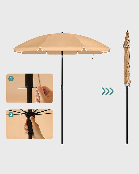 Sonnenschirm für Strand, Ø 160 cm, Gartenschirm, UV-Schutz bis UPF 50+, knickbar, Sonnenschutz, tragbar, Schirmrippen aus Glasfaser, taupe