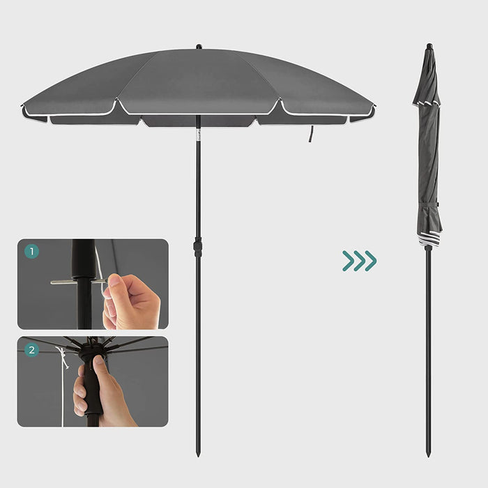 Sonnenschirm für Strand, Ø 200 cm, Gartenschirm, UV-Schutz bis UPF 50+, knickbar, Sonnenschutz, tragbar, Schirmrippen aus Glasfaser, grau