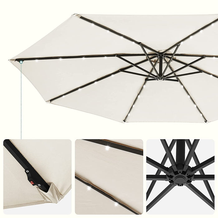 Sonnenschirm mit LED-Solar-Beleuchtung, Ampelschirm, Gartenschirm, 32 LED-Lämpchen, Ø 300 cm, mit Ständer, UV-Schutz bis UPF 50+, mit Kurbel