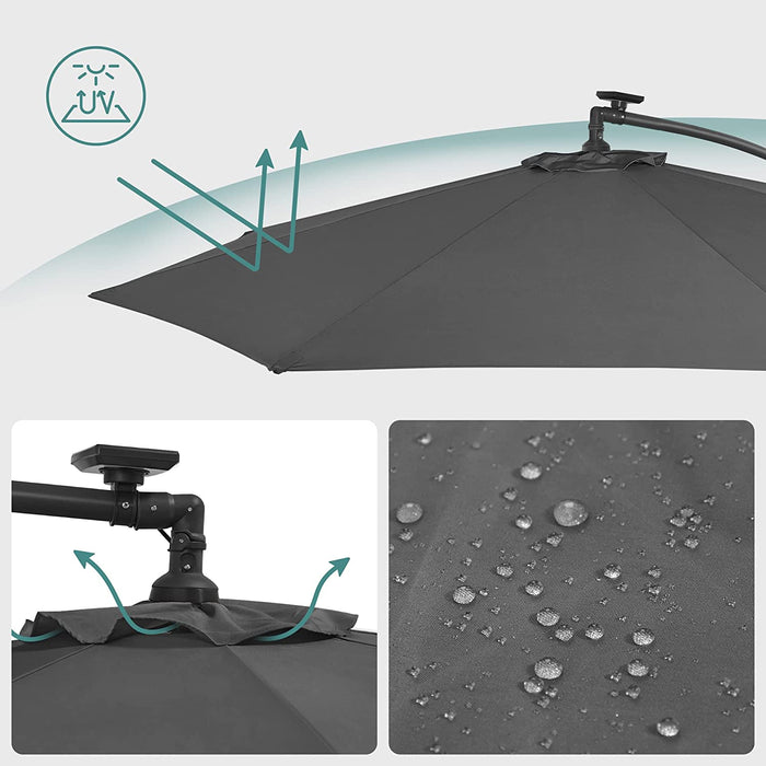 Sonnenschirm mit LED-Solar-Beleuchtung, Ampelschirm, Gartenschirm, 32 LED-Lämpchen, Ø 300 cm, mit Ständer, UV-Schutz bis UPF 50+, mit Kurbel