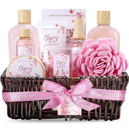 Spa Wellness Set für Frauen, 10 tlg. Kirschblüten Spa Geschenkorb, Duschgel, Schaumbad, Badesalz, Badebomben, Bodylotion, Körperspray, Geschenkset
