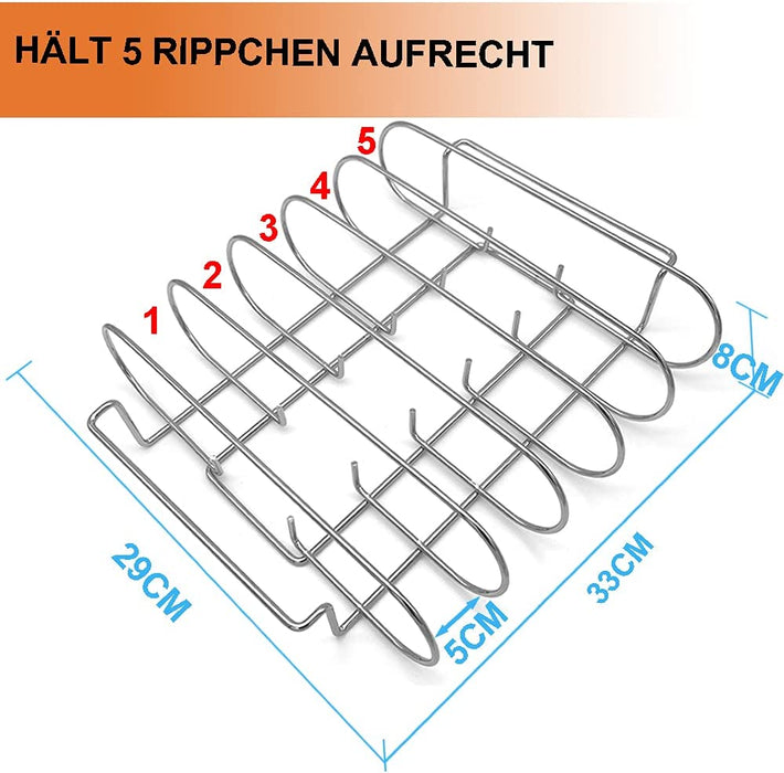 Spareribs Halter Grill – Braten und Rippchenhalter Edelstahl, Aufsatz zur Zubereitung von 5 Spareribs und Braten auf Gas- und Kohlegrill – Backofen