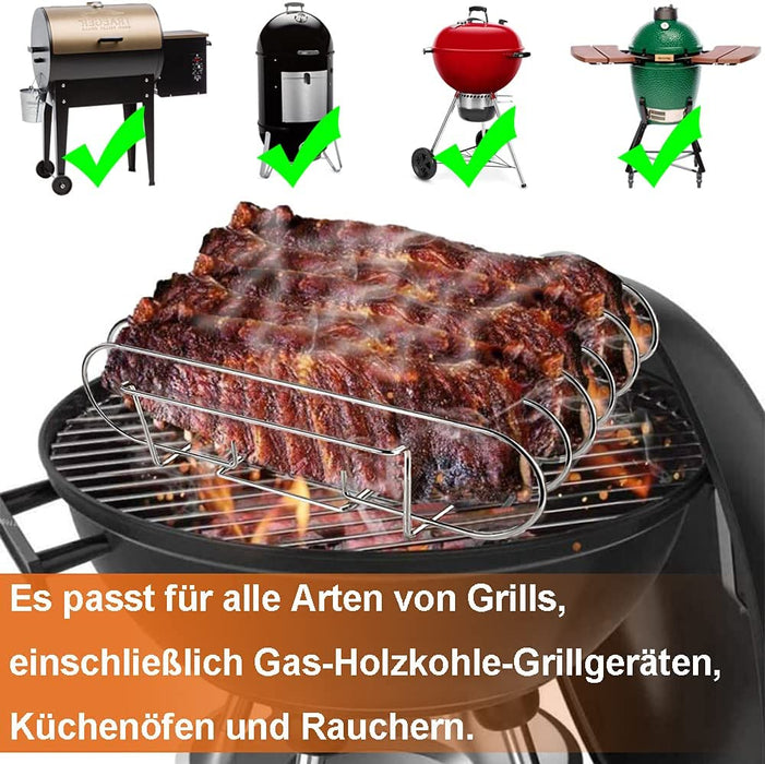 Spareribs Halter Grill – Braten und Rippchenhalter Edelstahl, Aufsatz zur Zubereitung von 5 Spareribs und Braten auf Gas- und Kohlegrill – Backofen