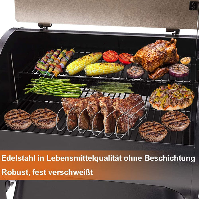 Spareribs Halter Grill – Braten und Rippchenhalter Edelstahl, Aufsatz zur Zubereitung von 5 Spareribs und Braten auf Gas- und Kohlegrill – Backofen