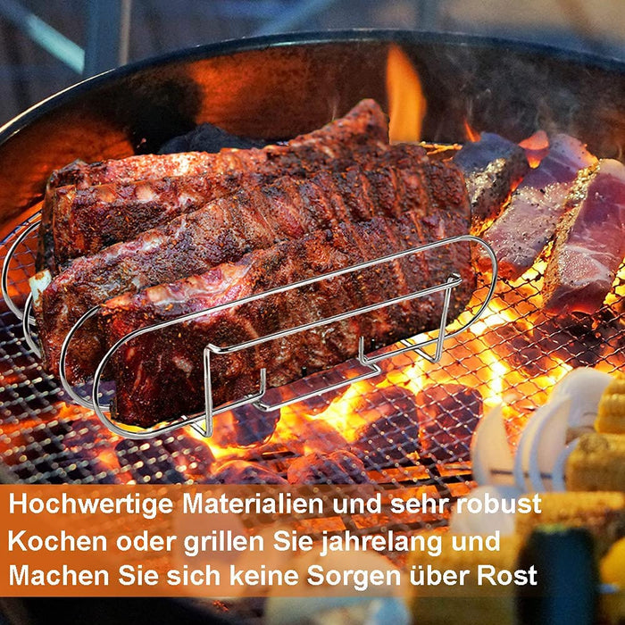 Spareribs Halter Grill – Braten und Rippchenhalter Edelstahl, Aufsatz zur Zubereitung von 5 Spareribs und Braten auf Gas- und Kohlegrill – Backofen