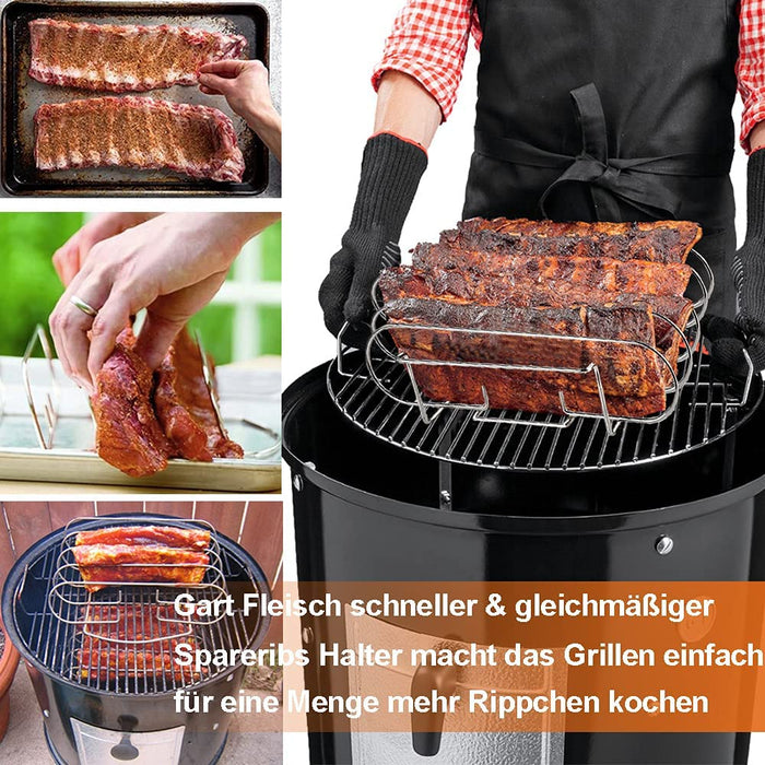 Spareribs Halter Grill – Braten und Rippchenhalter Edelstahl, Aufsatz zur Zubereitung von 5 Spareribs und Braten auf Gas- und Kohlegrill – Backofen