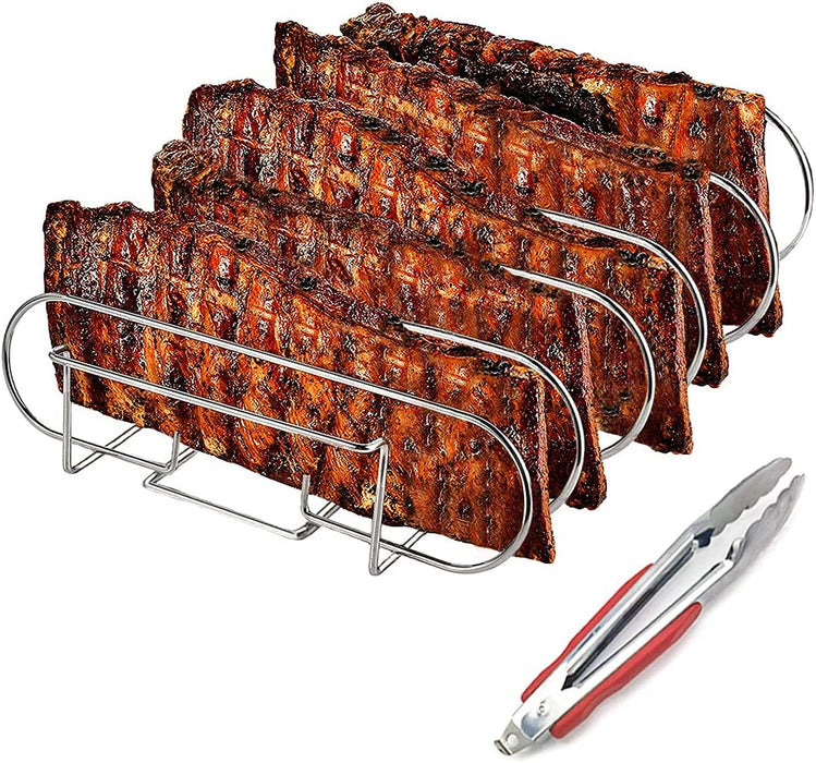Spareribs Halter Grill – Braten und Rippchenhalter Edelstahl, Aufsatz zur Zubereitung von 5 Spareribs und Braten auf Gas- und Kohlegrill – Backofen