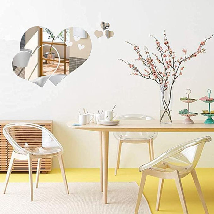 Spiegel Wandaufkleber, 3D Kristall Doppel Liebe Herz Acryl DIY Kunst Wandtattoos Home Wohnzimmer Badezimmer Dekor, 10 Stücke / 2 Satz (Silber)
