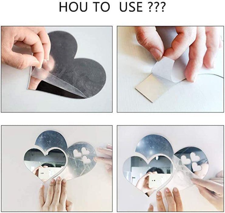 Spiegel Wandaufkleber, 3D Kristall Doppel Liebe Herz Acryl DIY Kunst Wandtattoos Home Wohnzimmer Badezimmer Dekor, 10 Stücke / 2 Satz (Silber)