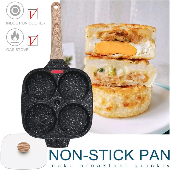 Spiegeleipfanne, Pancake Pfanne mit Deckel 4 Loch Augenpfanne Antihaft-Aluminium Pfanne für Frühstück, für Induktion & Gasherd