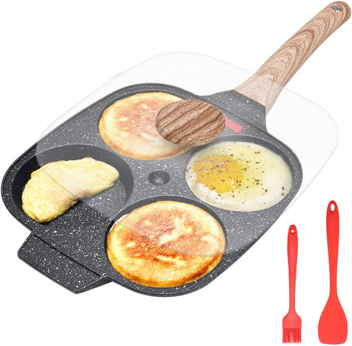 Spiegeleipfanne, Pancake Pfanne mit Deckel 4 Loch Augenpfanne Antihaft-Aluminium Pfanne für Frühstück, für Induktion & Gasherd