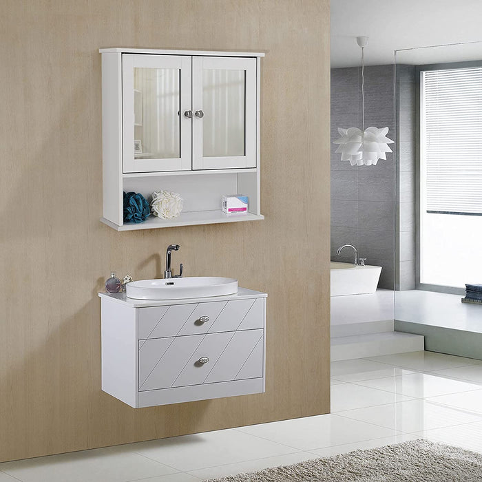 Spiegelschrank Badschrank Hängeschrank Spiegel mit Ablage Schminkschrank aus Holz 56 x 58 x 13 (B x H x T) cm weiß
