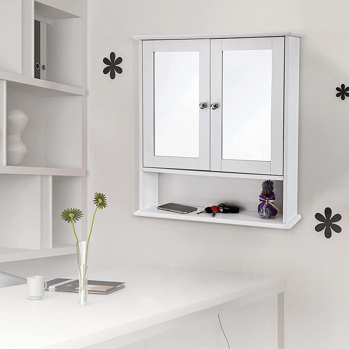 Spiegelschrank Badschrank Hängeschrank Spiegel mit Ablage Schminkschrank aus Holz 56 x 58 x 13 (B x H x T) cm weiß
