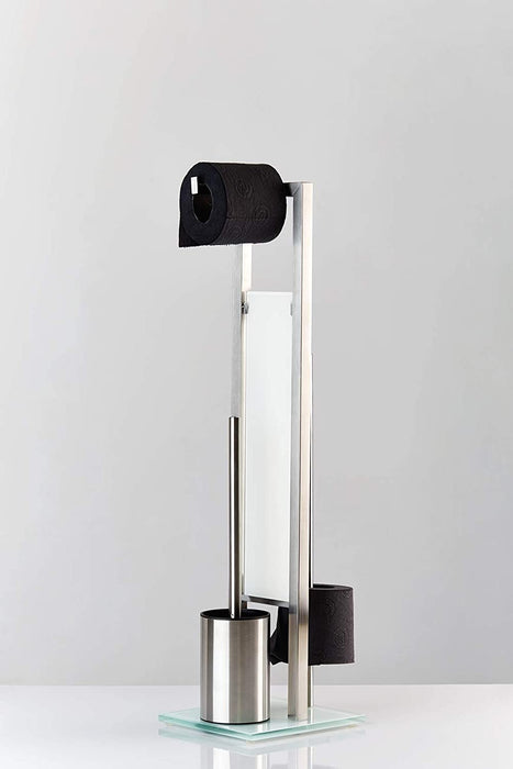 Stand WC-Garnitur Rivalta, mit integriertem Toilettenpapierhalter und WC-Bürstenhalter, in rostfreier Edelstahl-Qualität, Silber matt