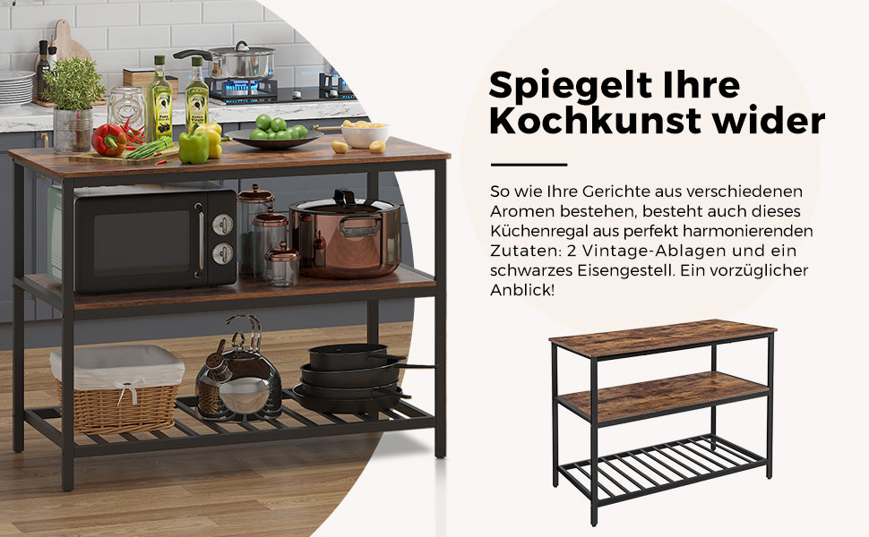 Standregal, 120 x 60 x 90 cm, Kücheninsel mit großer Arbeitsplatte, Esstisch, Küchenregal mit 3 Regalablagen, stabiles Metallgestell, vintagebraun