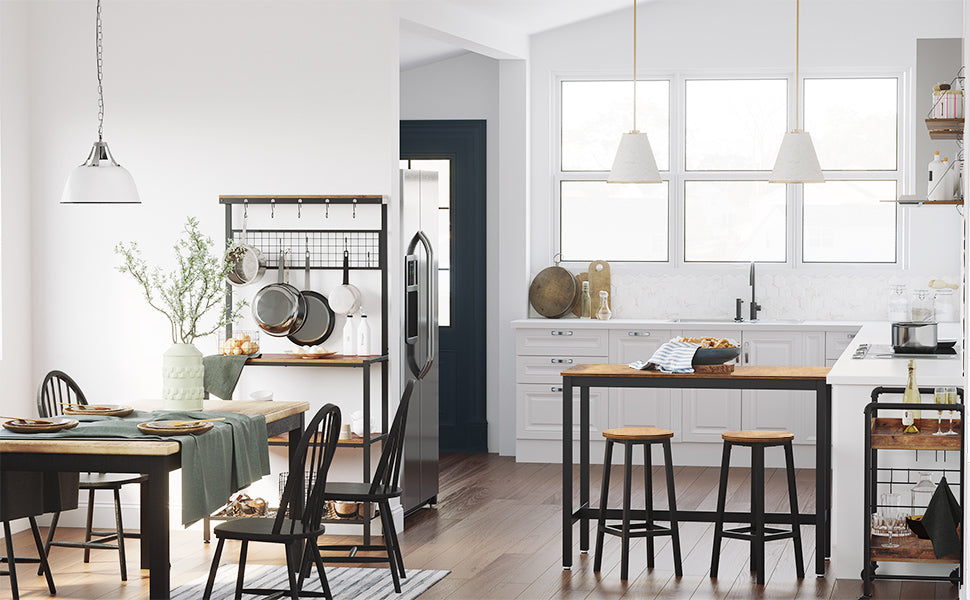 Standregal für die Küche, Küchenregal im Industrie-Design, Regalebenen in Holzoptik, 10 Haken, Gitterablage aus Metall, für Mikrowelle, Geschirr