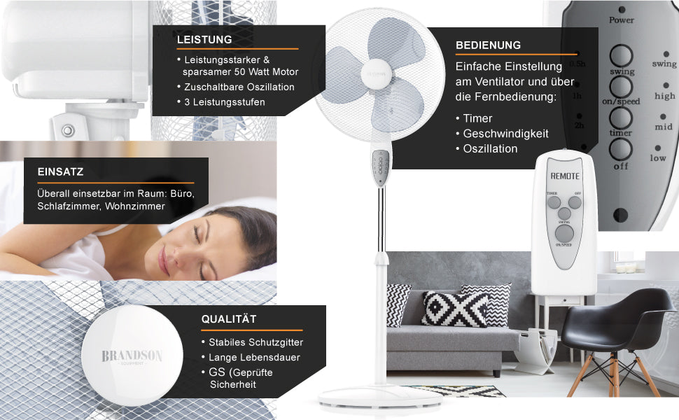 Standventilator mit Fernbedienung - Standlüfter leise - Ventilator höhenverstellbar - mobiler Lüfter - Neigungswinkel verstellbar -