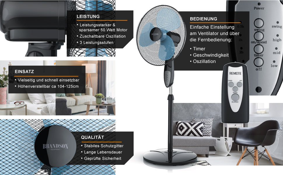 Standventilator mit Fernbedienung Standlüfter - Ventilator höhenverstellbarer Standfuß - Neigungswinkel verstellbar - 50W 