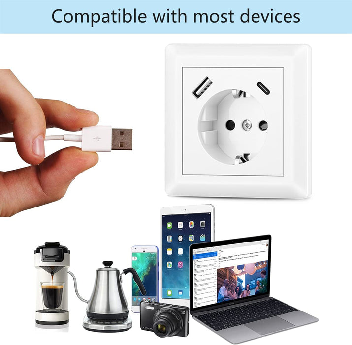 Steckdose mit USB Anschluss und Typ C (Max. 3.4A) System 55 Reinweiß Glänzend Schuko USB Steckdose Unterputz Schutzkontaktsteckdose Wandsteckdose für Smartphone Tablet, Sockeltiefe nur 32mm