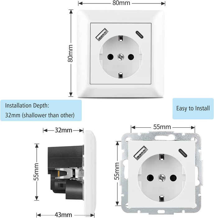 Steckdose mit USB Anschluss und Typ C (Max. 3.4A) System 55 Reinweiß Glänzend Schuko USB Steckdose Unterputz Schutzkontaktsteckdose Wandsteckdose für Smartphone Tablet, Sockeltiefe nur 32mm