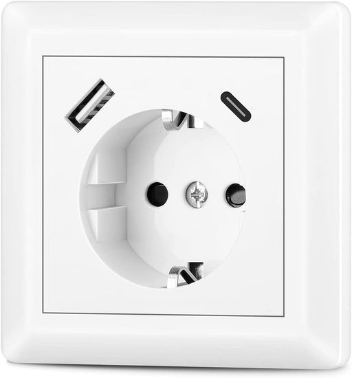 Steckdose mit USB Anschluss und Typ C (Max. 3.4A) System 55 Reinweiß Glänzend Schuko USB Steckdose Unterputz Schutzkontaktsteckdose Wandsteckdose für Smartphone Tablet, Sockeltiefe nur 32mm
