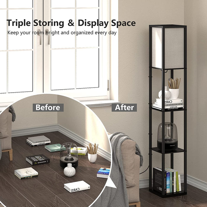 Stehlampe aus Holz, Stehleuchte mit Regal 3 Farbtemperaturen 3000-5000K, Standleuchte Holzablage mit E27 Fassung, Eckregal Regalbeleuchtung Retro 