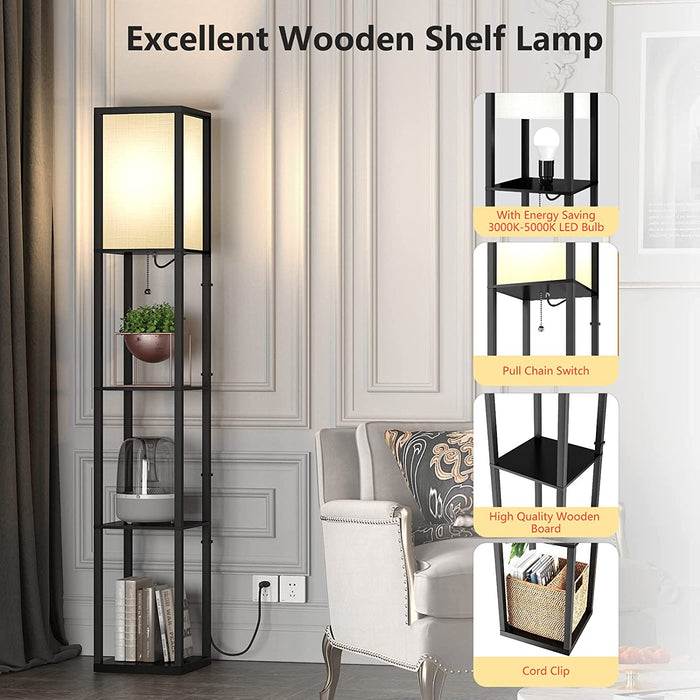 Stehlampe aus Holz, Stehleuchte mit Regal 3 Farbtemperaturen 3000-5000K, Standleuchte Holzablage mit E27 Fassung, Eckregal Regalbeleuchtung Retro 