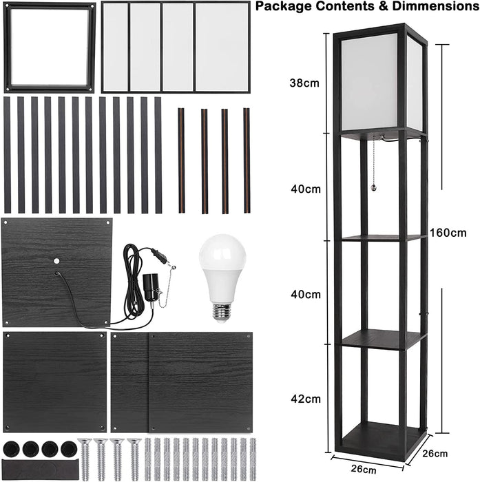 Stehlampe aus Holz, Stehleuchte mit Regal 3 Farbtemperaturen 3000-5000K, Standleuchte Holzablage mit E27 Fassung, Eckregal Regalbeleuchtung Retro 