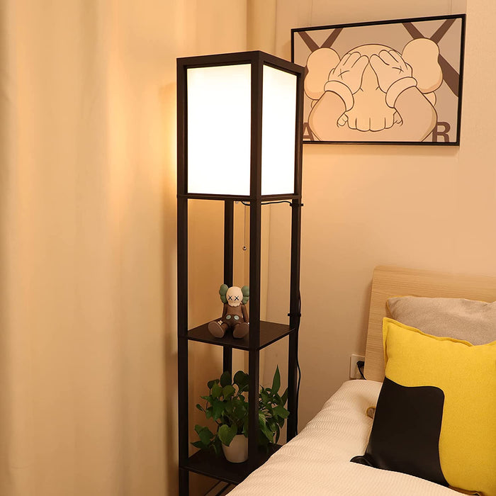 Stehlampe aus Holz, Stehleuchte mit Regal 3 Farbtemperaturen 3000-5000K, Standleuchte Holzablage mit E27 Fassung, Eckregal Regalbeleuchtung Retro 