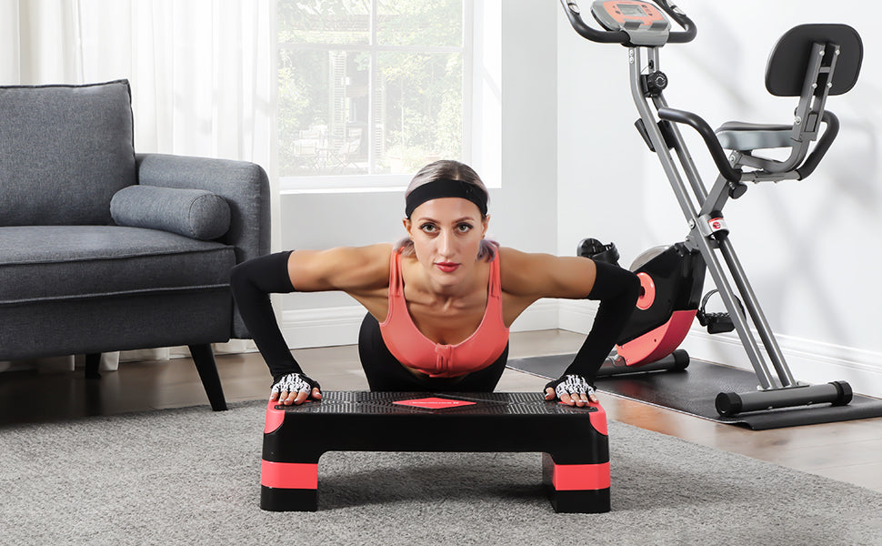 Steppbrett für Aerobic, Stepper mit Widerstandsband, höhenverstellbare (10/15/20 cm) Plattform, 68 x 27 cm Stepbench für Fitness, Workouts