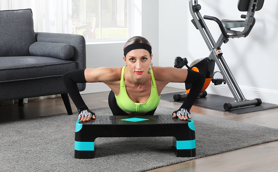 Steppbrett für Aerobic, Stepper mit Widerstandsband, höhenverstellbare (10/15/20 cm) Plattform, 68 x 27 cm Stepbench für Fitness, Workouts