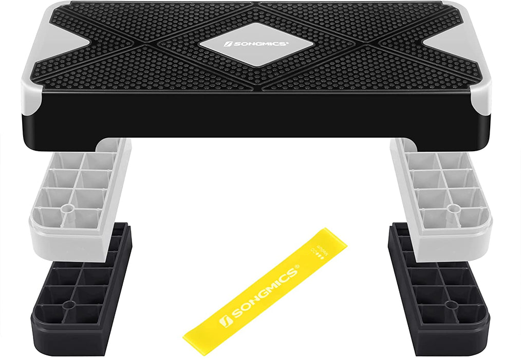 Steppbrett für Aerobic, Stepper mit Widerstandsband, höhenverstellbare (10/15/20 cm) Plattform, 68 x 27 cm Stepbench für Fitness, Workouts