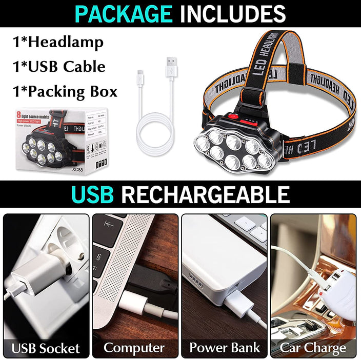 Stirnlampe LED Wiederaufladbar USB, 8 LED Kopflampe 4 Modi, Wasserdicht, Perfekt für Arbeit, Outdoor, Camping, Wandern, Angeln 