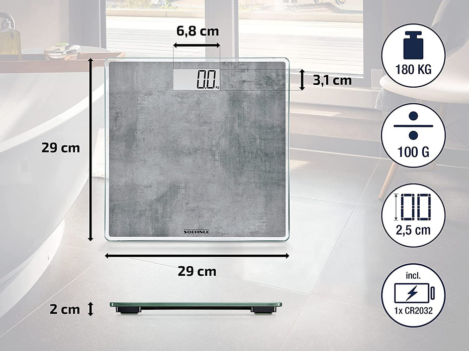 Style Sense Compact 300 Concrete, digitale Körperwaage mit LCD-Anzeige, elektronische Waage mit extraflachem Design, Personenwaage 
